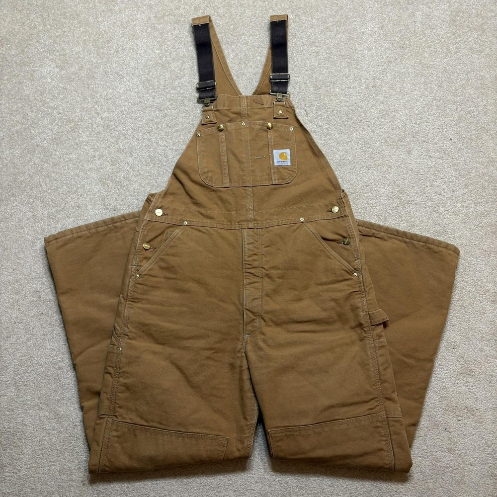 Vtg Carhartt Overalls Mens 38x32 Brown Duck Canvas Quilt Lined Bib Work R02 BRN
